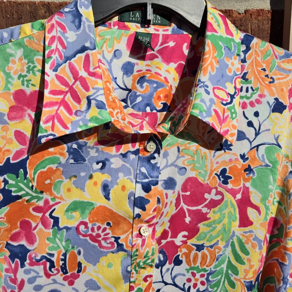 Ralph Lauren Floral Watercolor Button Down Blouse 3/4 Sleeves 2X Cotton - Picture 2 of 8